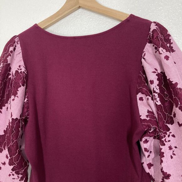 Dolan Shirt Womens Medium Burgundy Pink V-Neck Puff Sleeve Floral Lace Knit - Picture 16 of 16